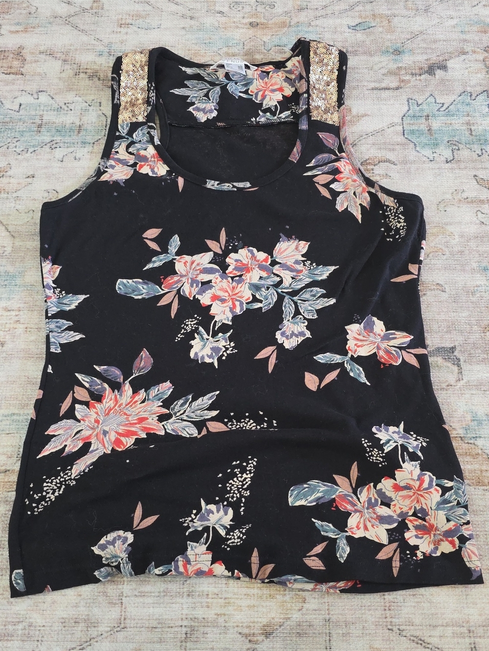 VENUS Black Floral Tank with Gold Sequin Straps